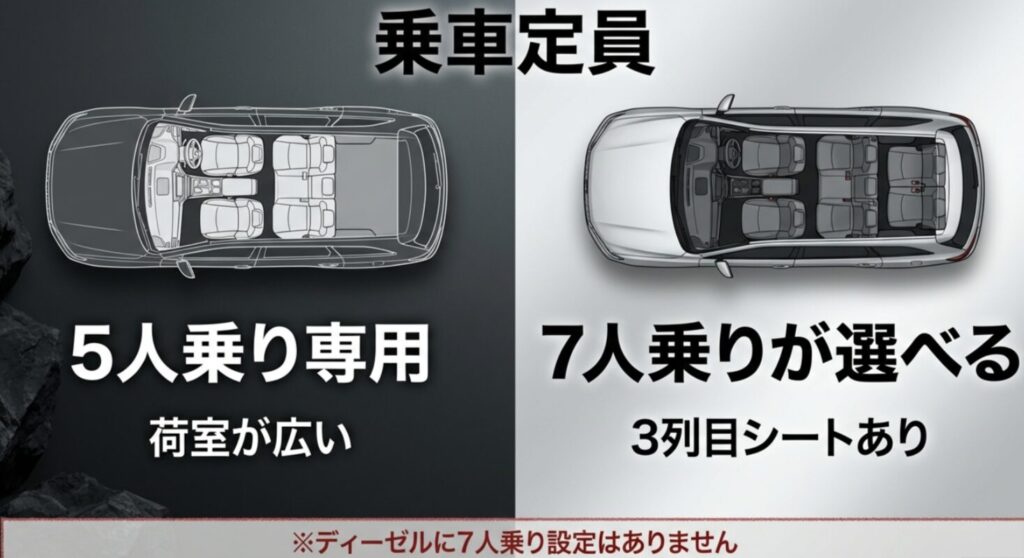 ディーゼルは5人乗り専用で荷室が広く、ガソリンは3列目シートありの7人乗りが選べることを示すスライド