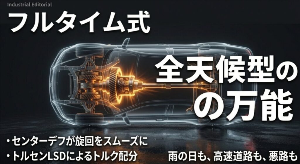 センターデフによるスムーズな旋回とトルセンLSDによるトルク配分により、雨天から悪路まで対応するフルタイム4WDの解説