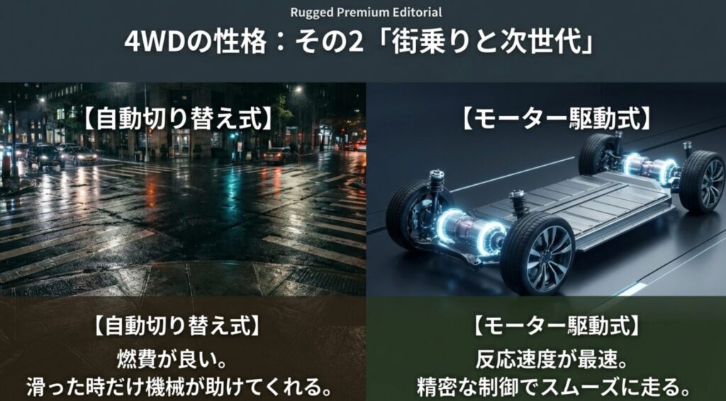 燃費性能に優れる自動切り替え式（オンデマンド）と、最速の反応速度と精密制御を誇るモーター駆動式の違いを解説するスライド