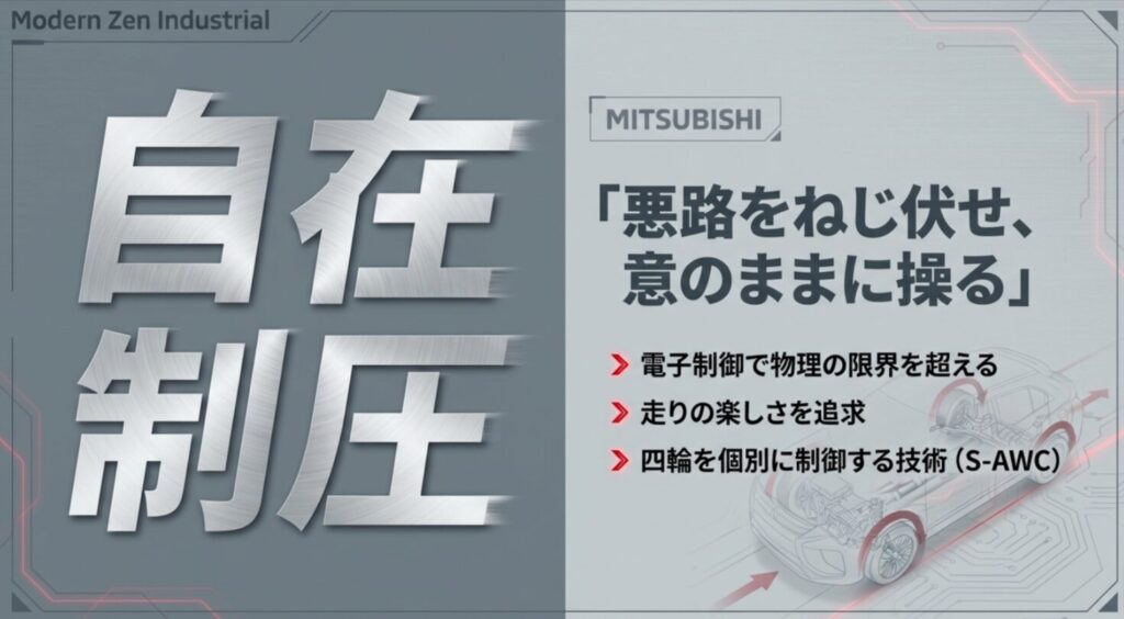 電子制御（S-AWC）で物理の限界を超え、走りの楽しさを追求して悪路を自在に制圧することを目指す三菱（MITSUBISHI）の思想