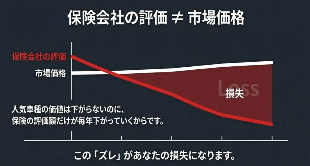 人気車種の価値は下がらないのに保険評価額だけが毎年下がり、オーナーの損失になるズレを説明する図