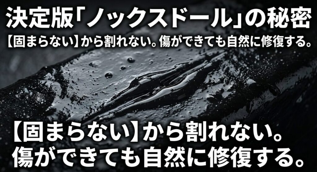 完全に固まらない軟質膜を維持することで、振動や飛び石によるクラックを自然に修復し錆を防ぐノックスドールの特性 。