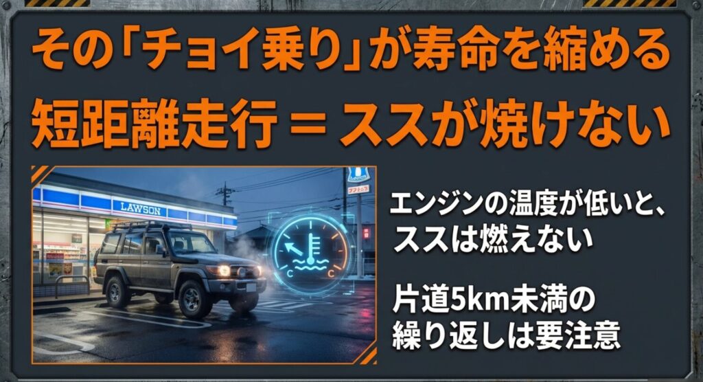 片道5km未満の走行ではエンジンの温度が上がらず、煤が焼けずに堆積し続ける危険性を警告するスライド 。