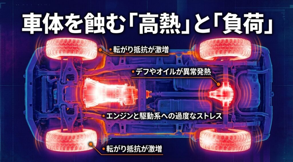 接地面積増加に伴う転がり抵抗の激増、デフやオイルの異常発熱、エンジン・駆動系への過度なストレスを警告する解説図