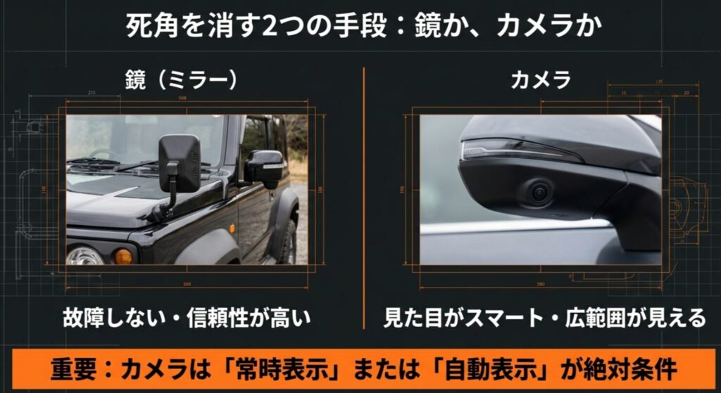 故障リスクが低いミラー（鏡）と、スマートで広範囲が見えるカメラの比較。カメラは「常時表示」が絶対条件である旨を解説