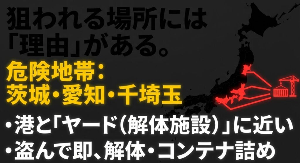 港や解体施設「ヤード」に近い県で盗難被害が集中している理由を解説する地図・図解スライド
