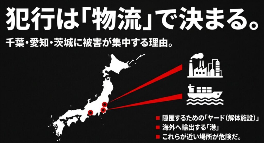 茨城、愛知、千葉に被害が集中する理由として、解体施設（ヤード）や輸出港の近接性を説明するスライド。