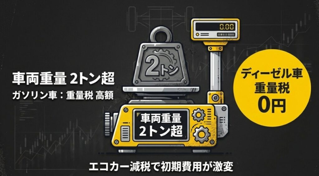 ディーゼル車ならエコカー減税で重量税が0円になり、初期費用が激変することを解説するスライド