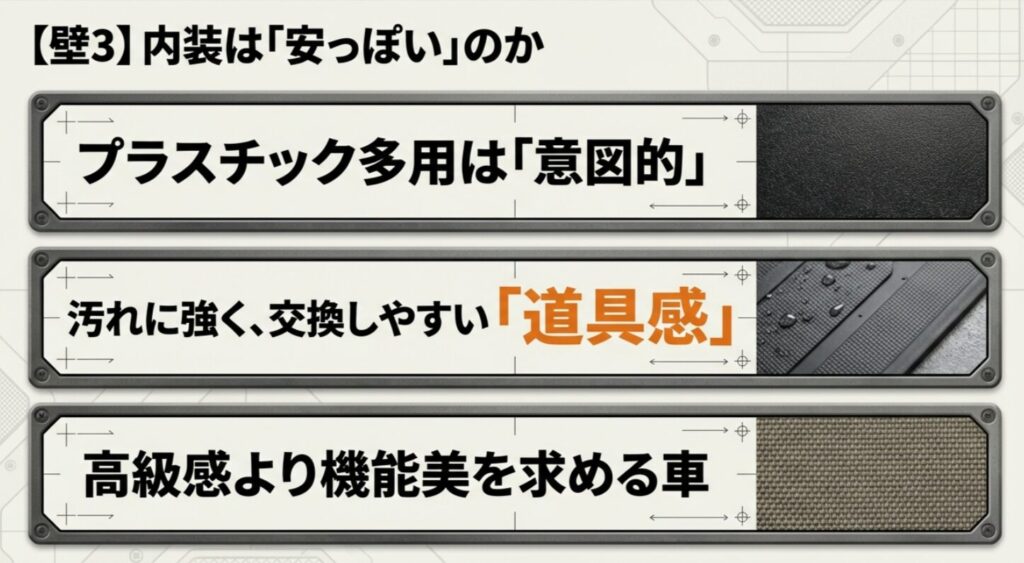 プラスチック多用は「意図的」であることを説明する内装コンセプト図