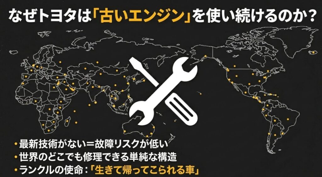 世界地図とスパナのイラストを用い、故障リスクの低さと世界中どこでも修理できる単純構造を解説する図