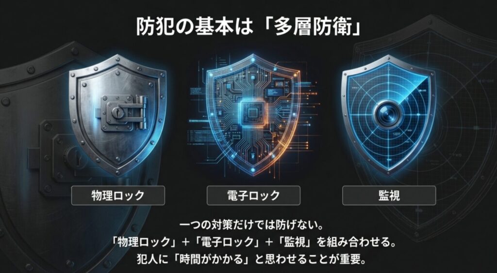物理ロック、電子ロック、監視の3つを組み合わせて犯人に時間をかけさせる多層防衛のコンセプト図