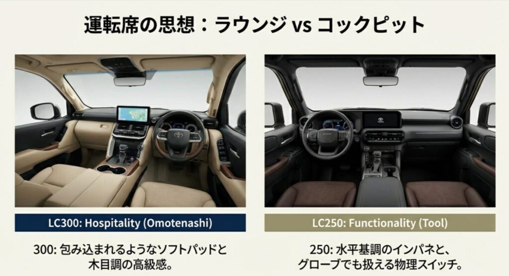 ランクル300の高級感ある内装とランクル250の機能的な水平基調インパネの比較