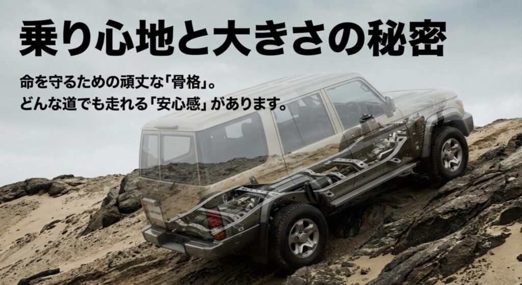 命を守るための頑丈な骨格と、どんな道でも走れる安心感を解説するランドクルーザー250のスライド画像