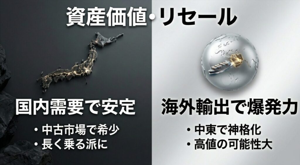 国内需要で安定し長く乗る派に向くディーゼルと、海外輸出、特に中東での神格化された人気で高値が期待できるガソリンのリセール比較スライド