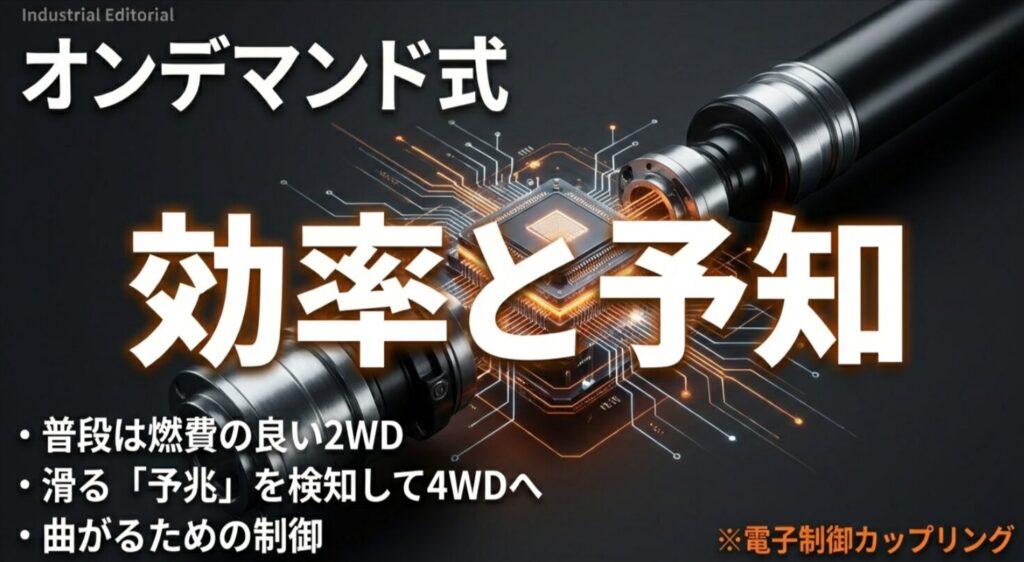 通常時の燃費性能と、滑りの予兆を検知して4WDへ切り替える電子制御カップリングの仕組みを説明するスライド