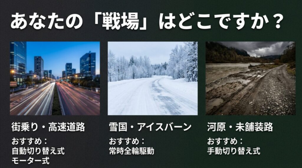 街乗り、雪国、未舗装路の3つの環境ごとに、自動切り替え式、常時全輪駆動、手動切り替え式を推奨するマトリクス図
