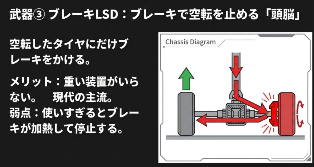 空転タイヤにブレーキをかけて接地側に駆動力を押し出すブレーキLSD（トラコン）の仕組みと熱害リスクの解説 。