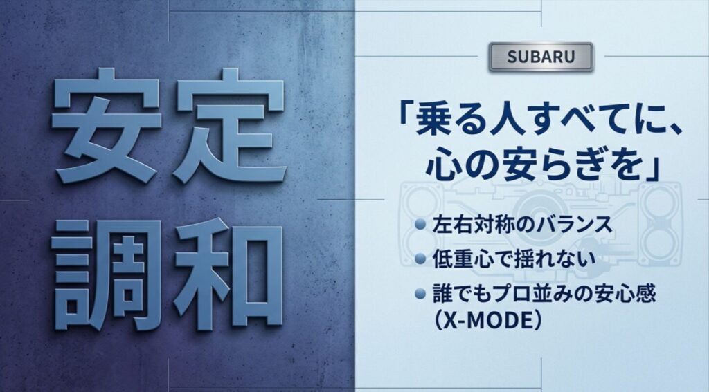 シンメトリカルAWDによる左右対称のバランスと低重心化で、乗る人すべてに心の安らぎとプロ並みの安心感を提供するスバル（SUBARU）の思想