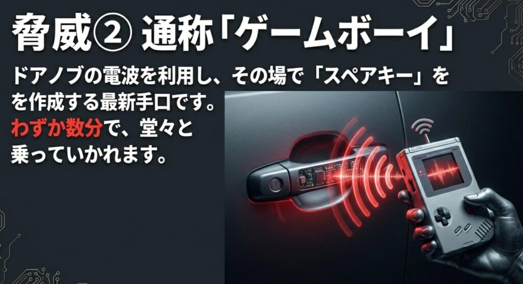 ドアノブの電波を利用し、わずか数分でスペアキーを作成して車を盗み出す「ゲームボーイ」と呼ばれるデバイスの解説