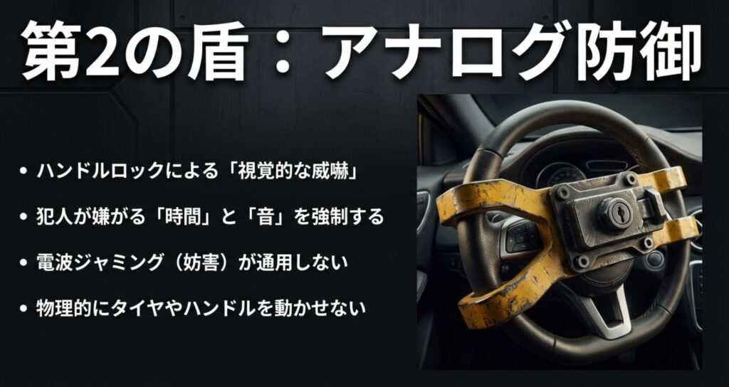 目に見えない「デジタル防御」と物理的に遮断する「アナログ防御」を組み合わせた、単一対策に頼らない最強の多層防御理論 。