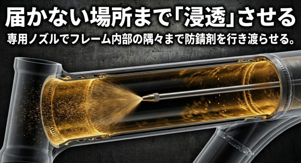 手の届かないフレーム内部の隙間まで、専用ノズルで防錆剤を浸透させ、毛細管現象で金属の合わせ目を守る技術の図解 。