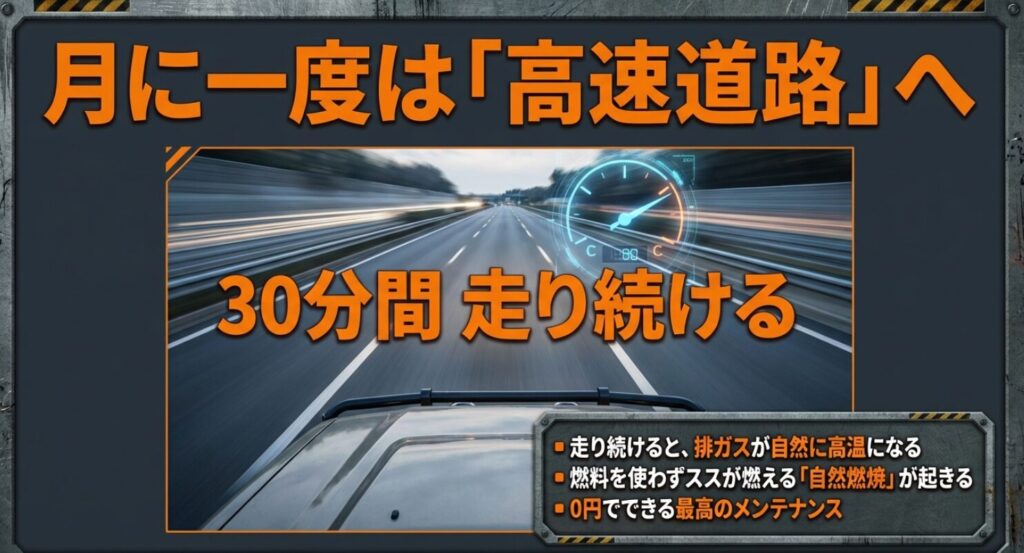 時速80km程度で30分間走り続けることで、燃料を使わずに煤を焼く「自然燃焼」を促す0円メンテナンスの紹介 。
