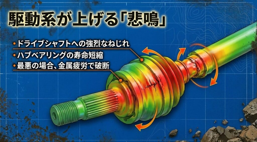 ドライブシャフトへの強烈なねじれやハブベアリングの寿命短縮、金属疲労による部品破断のリスクを説明するスライド