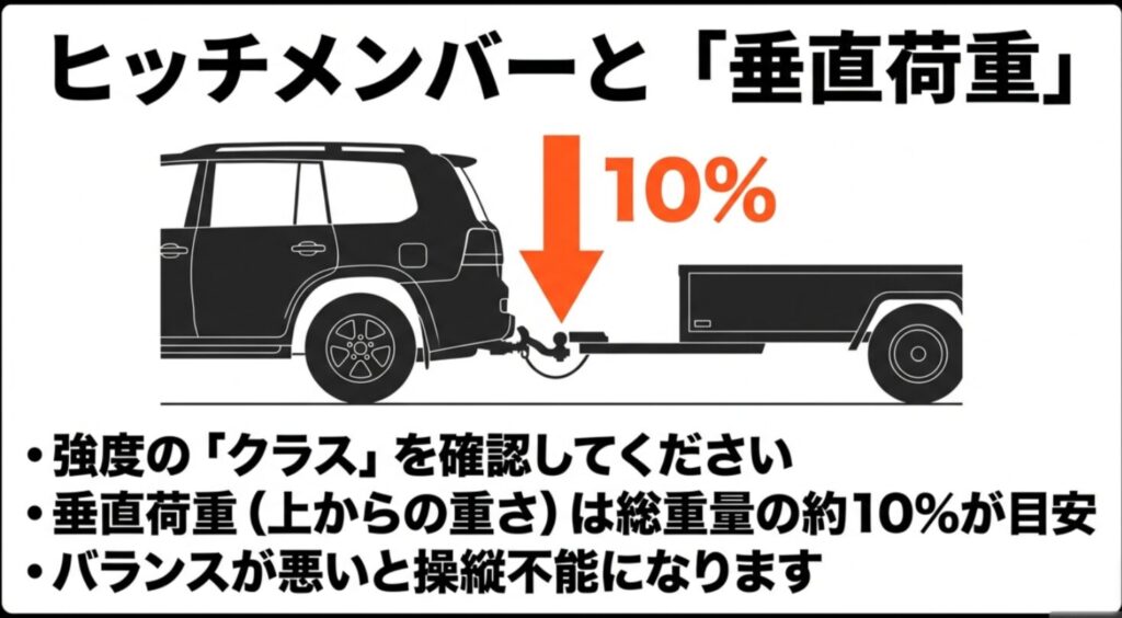 ヒッチメンバーの強度クラス確認の重要性と、総重量の約10%が理想とされる垂直荷重（タングウェイト）のバランス解説