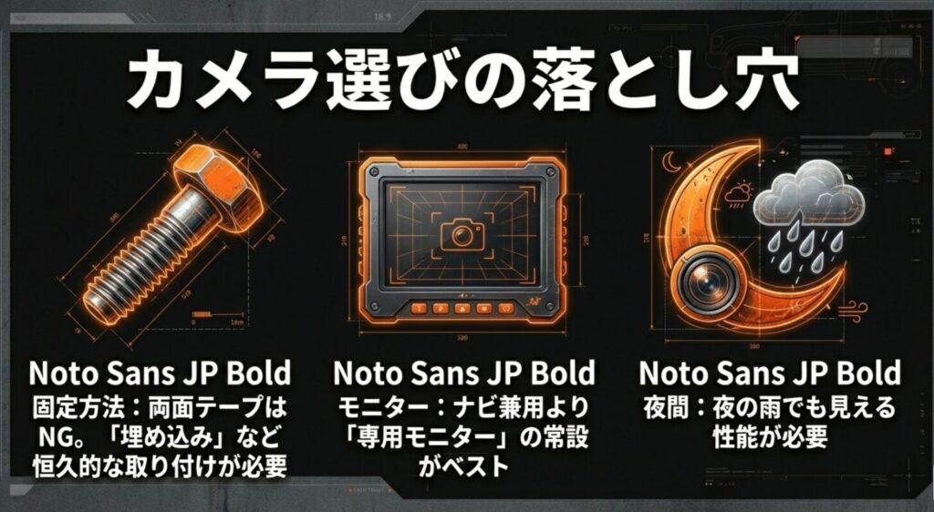 両面テープ固定の禁止、専用モニターの常設、夜間・雨天時の視認性確保など、カメラシステムを恒久的な設備として取り付ける際の重要ポイント