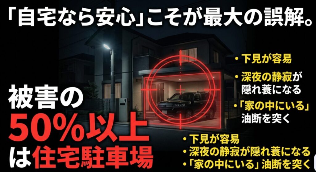 盗難発生場所の半数以上が自宅駐車場であり、下見の容易さや深夜の油断が狙われている事実を警告するスライド