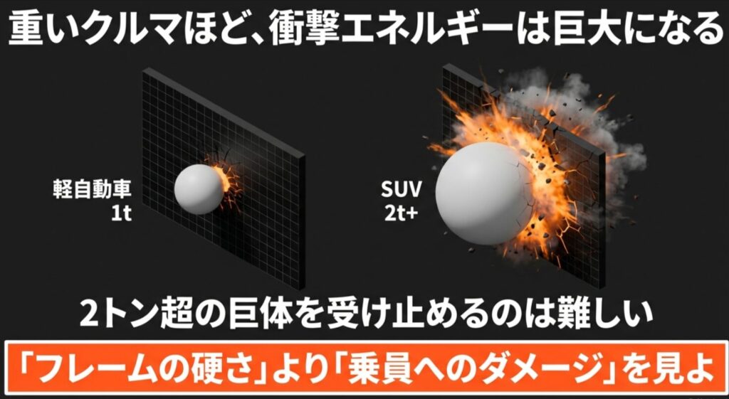 軽自動車1tに対し、SUV 2t以上の巨大な衝撃エネルギーを可視化したイメージ図