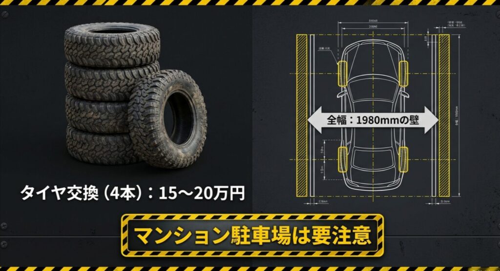 全幅1980mmによるマンション駐車場の注意点と4本で15〜20万円かかるタイヤ交換費用のスライド
