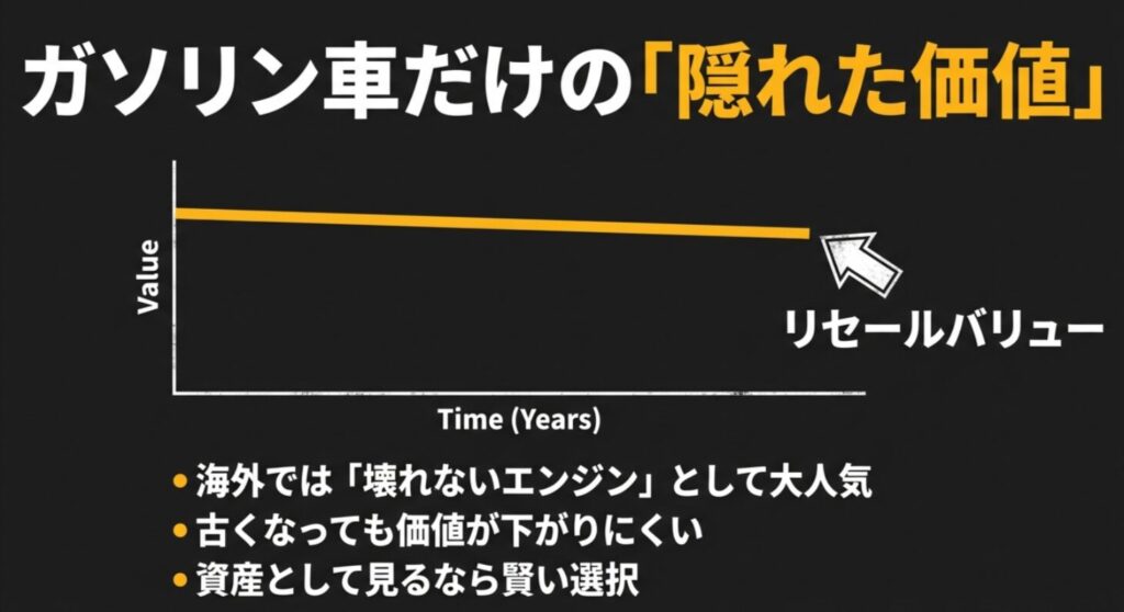時間経過とともに価値が下がりにくいランクルのリセールバリューを示すグラフと海外での人気解説