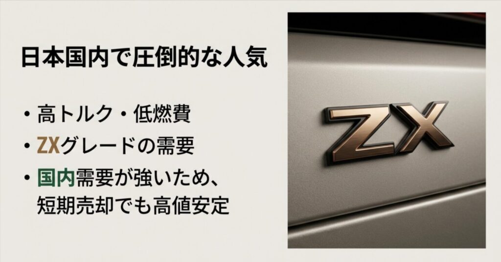 高トルク・低燃費で国内需要が非常に強いランクル250ディーゼル車、特にZXグレードが短期売却でも高値を安定させている解説
