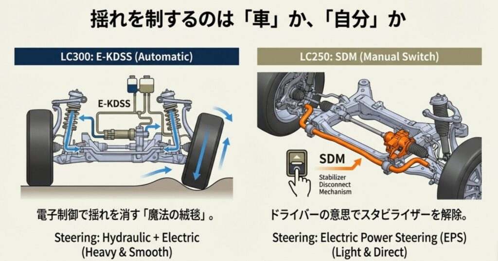 ランクル300の電子制御E-KDSSとランクル250のスイッチ式SDMおよびEPSの解説図