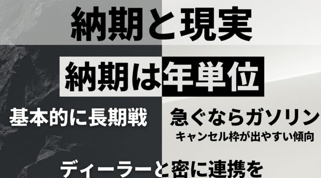 納期は年単位の長期戦であること、急ぐならキャンセル枠が出やすいガソリンが有利であることを解説したスライド