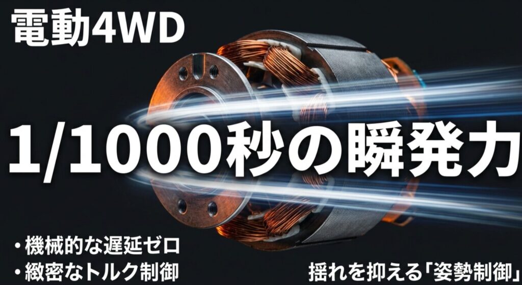 機械的遅延ゼロのモーター駆動による緻密なトルク制御と、揺れを抑える姿勢制御のメリットを強調するスライド