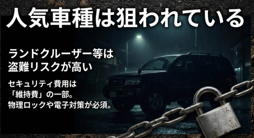 ランドクルーザー等の人気車種は盗難リスクが高く、セキュリティ費用を維持費の一部として捉えるべきであることを示すスライド