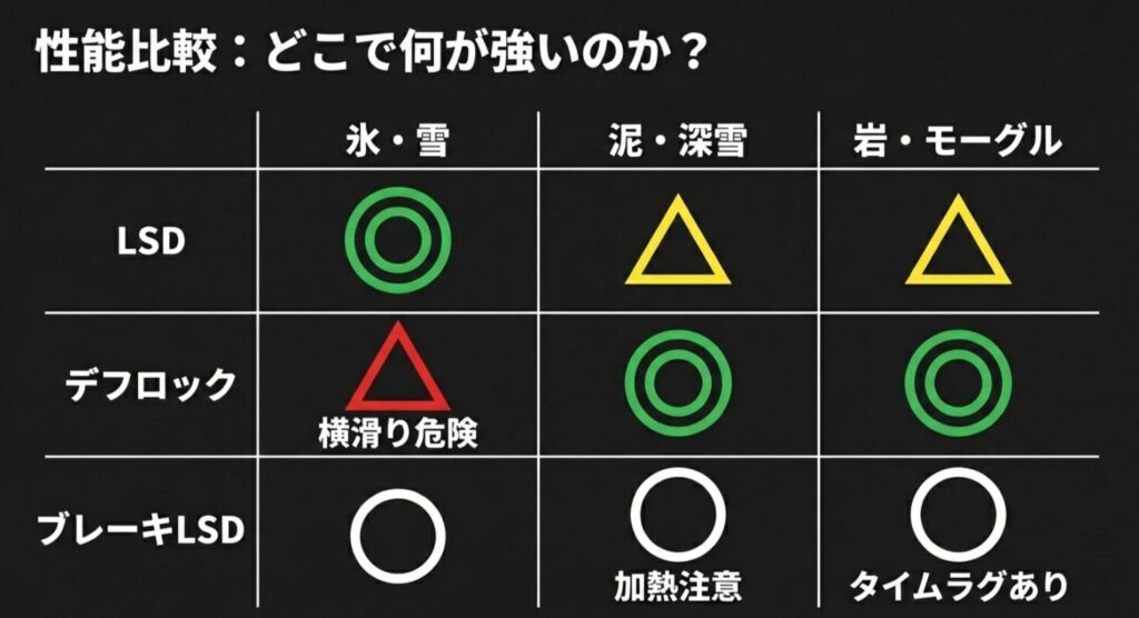 LSD、デフロック、ブレーキLSDの氷雪・泥・岩場における強みと注意点（加熱、タイムラグ）をまとめた比較表 。