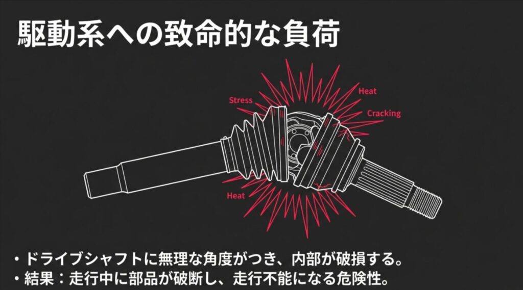 リフトアップによって角度がついたドライブシャフトが熱を持ち、内部やブーツが破損・破断する危険性を示すスライド 。