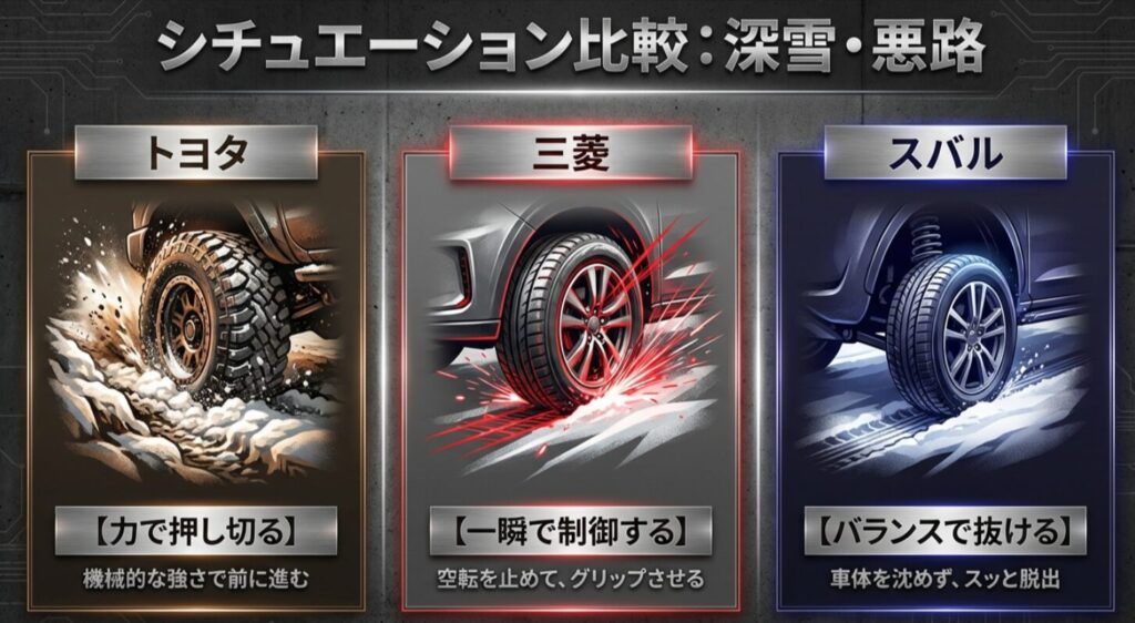 トヨタは力で押し切り、三菱は一瞬の制御でグリップさせ、スバルはバランスでスッと脱出するという、深雪・悪路における挙動の差の比較
