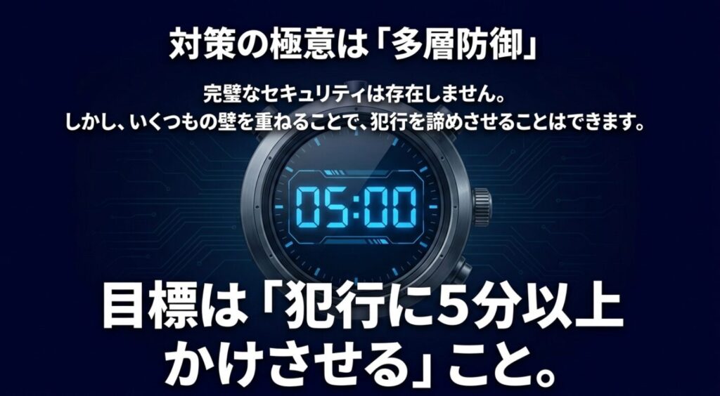 完璧なセキュリティがない中、いくつもの壁を重ねて犯行時間を5分以上稼ぐことで盗難を諦めさせる「多層防御」の考え方