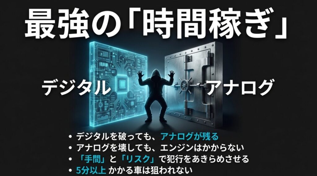 デジタルを破ってもアナログが残り、5分以上の時間をかけさせることで犯行のリスクを高め、盗難を断念させる戦略 。