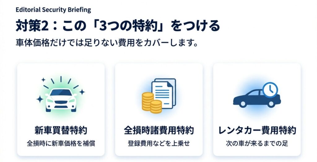 新車買替特約、全損時諸費用特約、レンタカー費用特約の3つを推奨する解説スライド