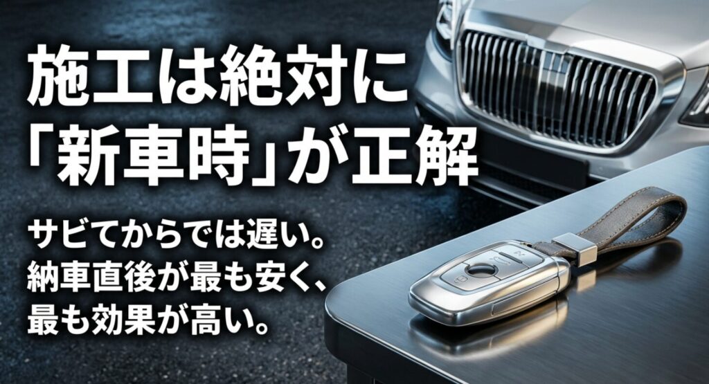 サビてからでは遅いため、納車直後の最も安く効果が高いタイミングで施工することを推奨するスライド 。