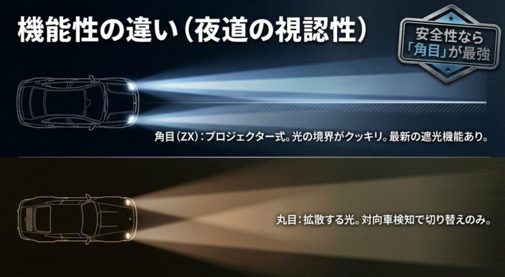 角目（ZXプロジェクター式）と丸目の配光・安全機能（遮光機能の有無）の違いを比較したスライド