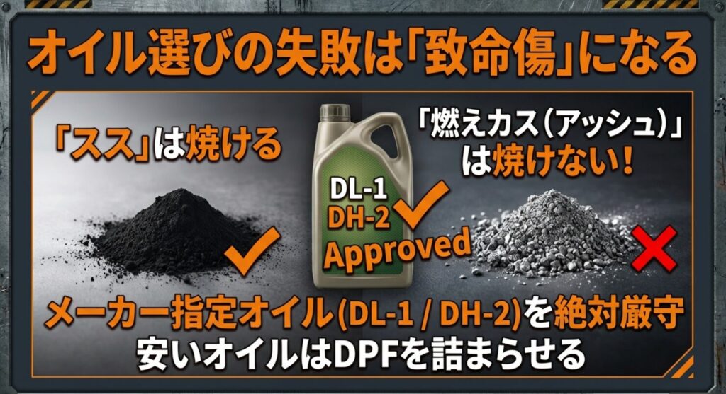 焼いても消えない「アッシュ」の堆積を防ぐため、メーカー指定の低アッシュオイル（DL-1/DH-2）を絶対に使用すべき理由の解説 。