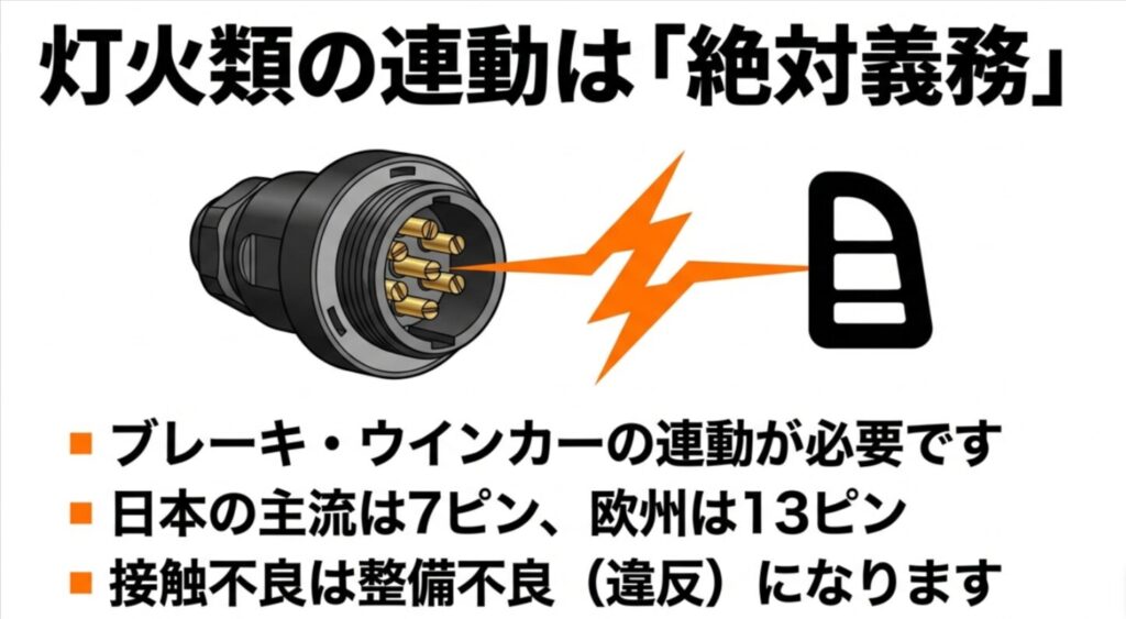 ブレーキやウインカーの完全連動は絶対義務であり、日本主流の7ピンと欧州主流の13ピンコネクタの違いを説明するスライド