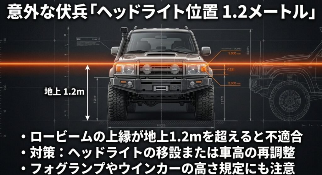 ロービームの上縁が地上1.2mを超えると不適合になるルールを説明。過度なリフトアップ時のライト移設や再調整の必要性を示す図