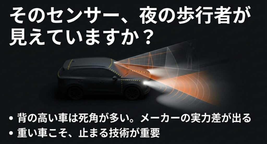 夜間の歩行者検知センサーの重要性と、車高が高い車特有の死角について解説するテキストスライド